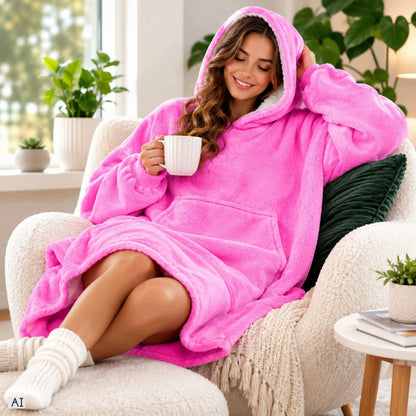 Rožinis pūkuotas džemperis-antklodė su gobtuvu, „oversize“, XXL, 2 viename