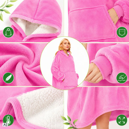 Rožinis pūkuotas džemperis-antklodė su gobtuvu, „oversize“, XXL, 2 viename