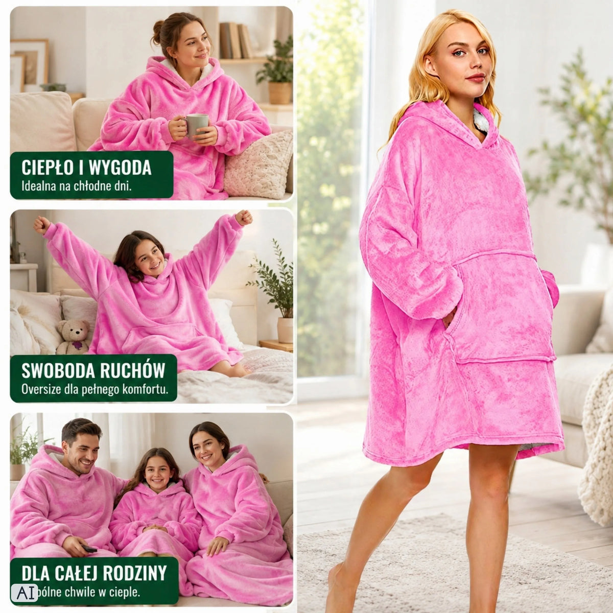 Rožinis pūkuotas džemperis-antklodė su gobtuvu, „oversize“, XXL, 2 viename