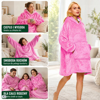 Rožinis pūkuotas džemperis-antklodė su gobtuvu, „oversize“, XXL, 2 viename