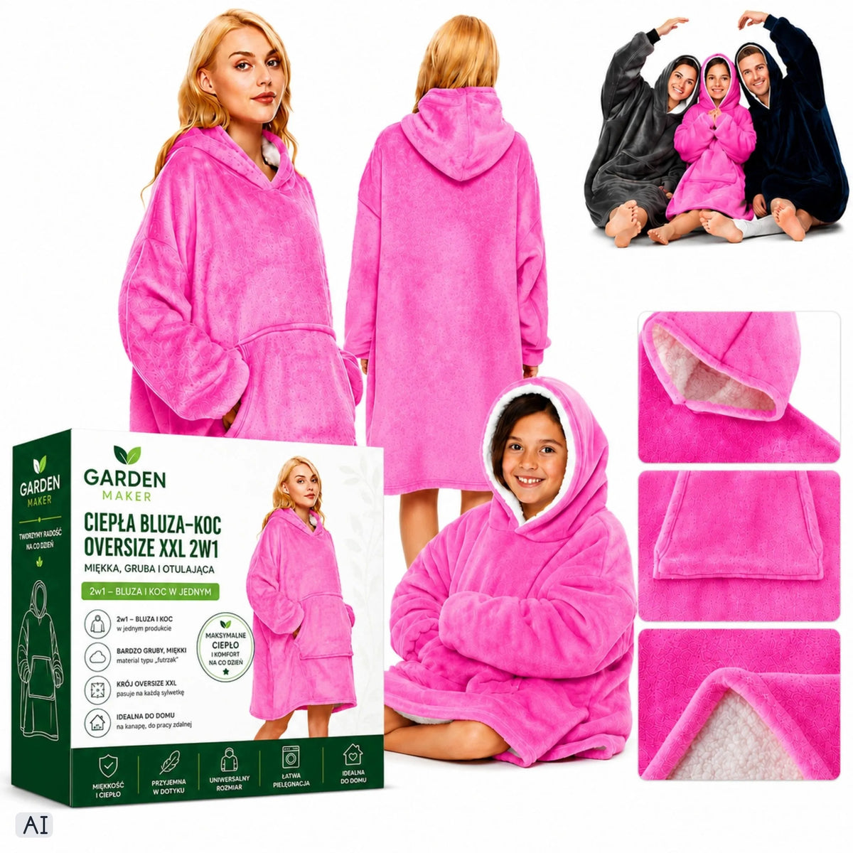 Rožinis pūkuotas džemperis-antklodė su gobtuvu, „oversize“, XXL, 2 viename
