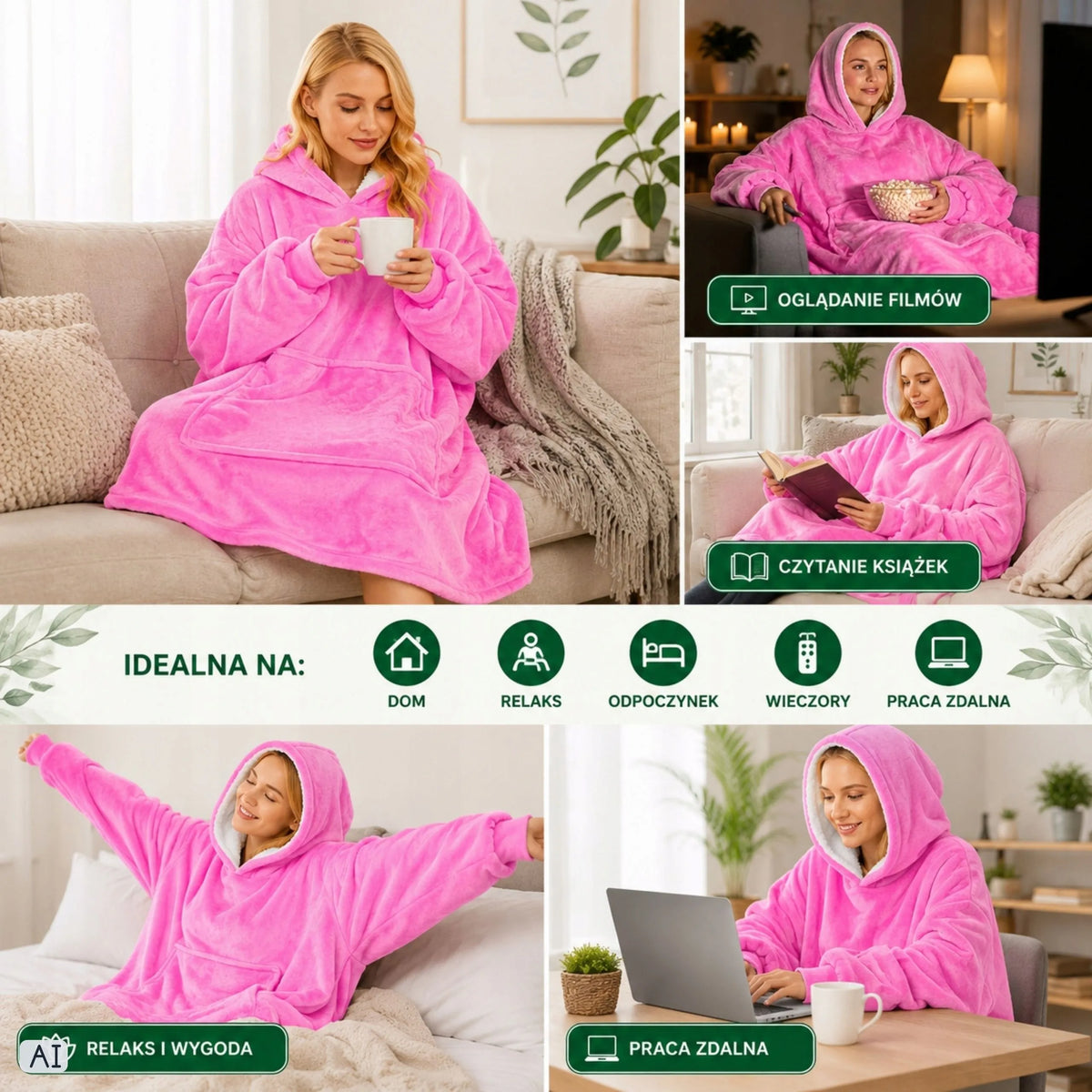 Rožinis pūkuotas džemperis-antklodė su gobtuvu, „oversize“, XXL, 2 viename