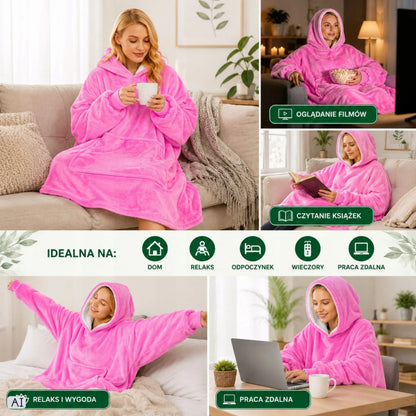 Rožinis pūkuotas džemperis-antklodė su gobtuvu, „oversize“, XXL, 2 viename