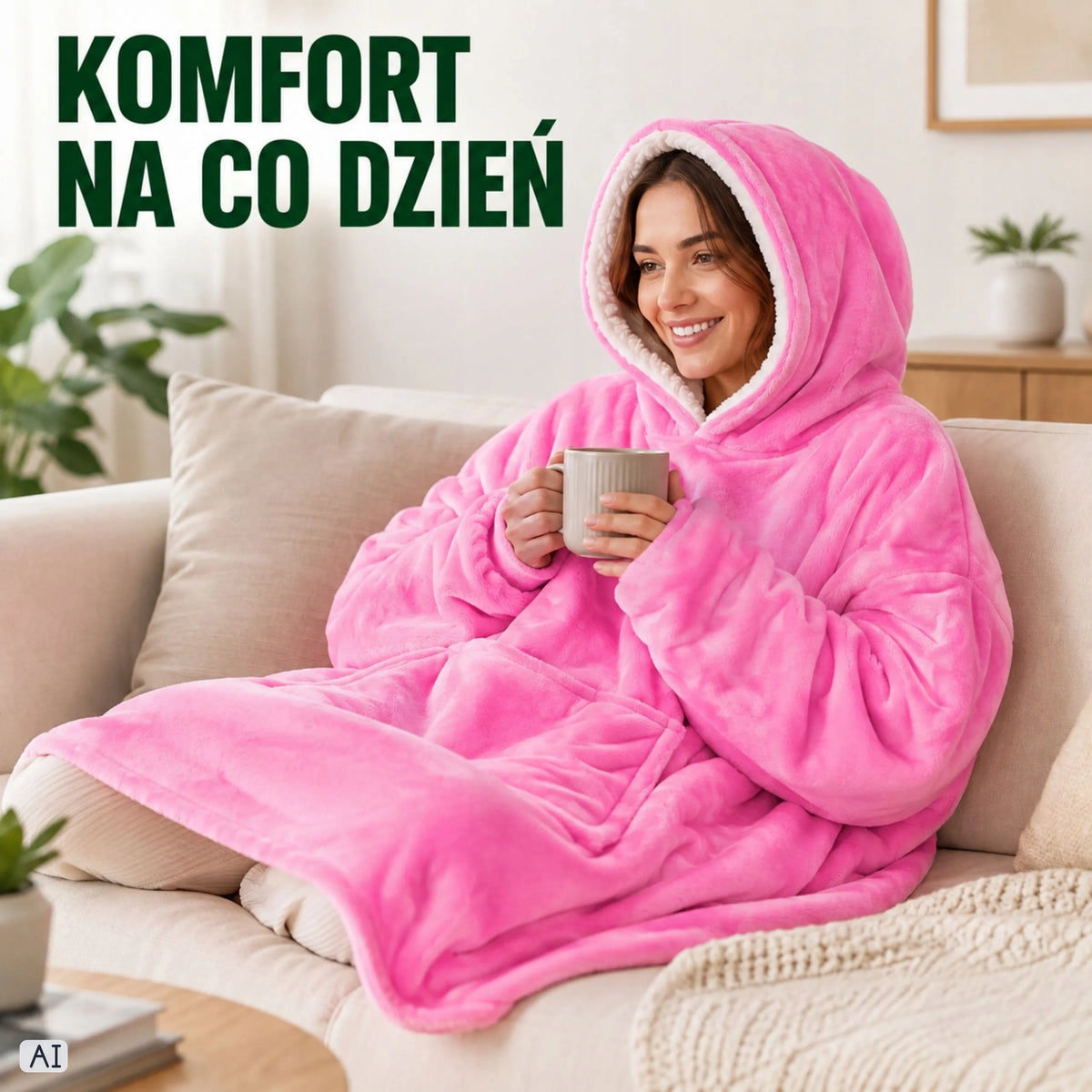 Rožinis pūkuotas džemperis-antklodė su gobtuvu, „oversize“, XXL, 2 viename