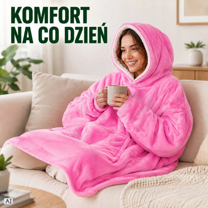 Rožinis pūkuotas džemperis-antklodė su gobtuvu, „oversize“, XXL, 2 viename