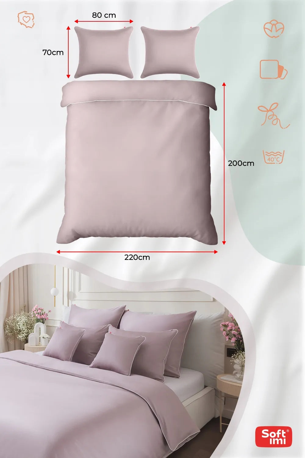 Satininė patalynė 200x220 + 2 užvalkalai 70x80, 100% medvilninės patalynės komplektas