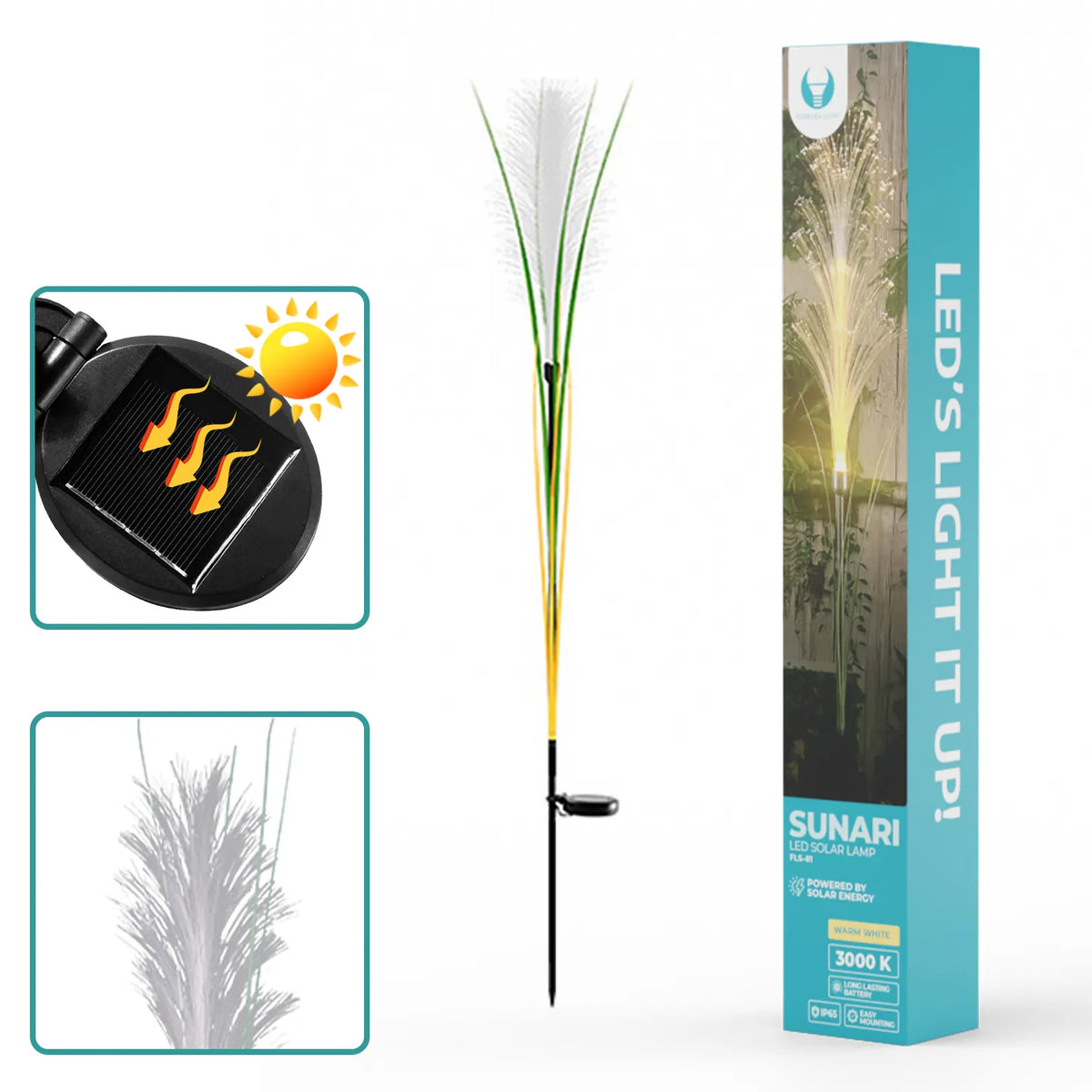 Saulės energija maitinama LED lempa SUNARI FLS-81 dekoratyvinė žolė 3000K 300mAh Li-Ion Forever Light
