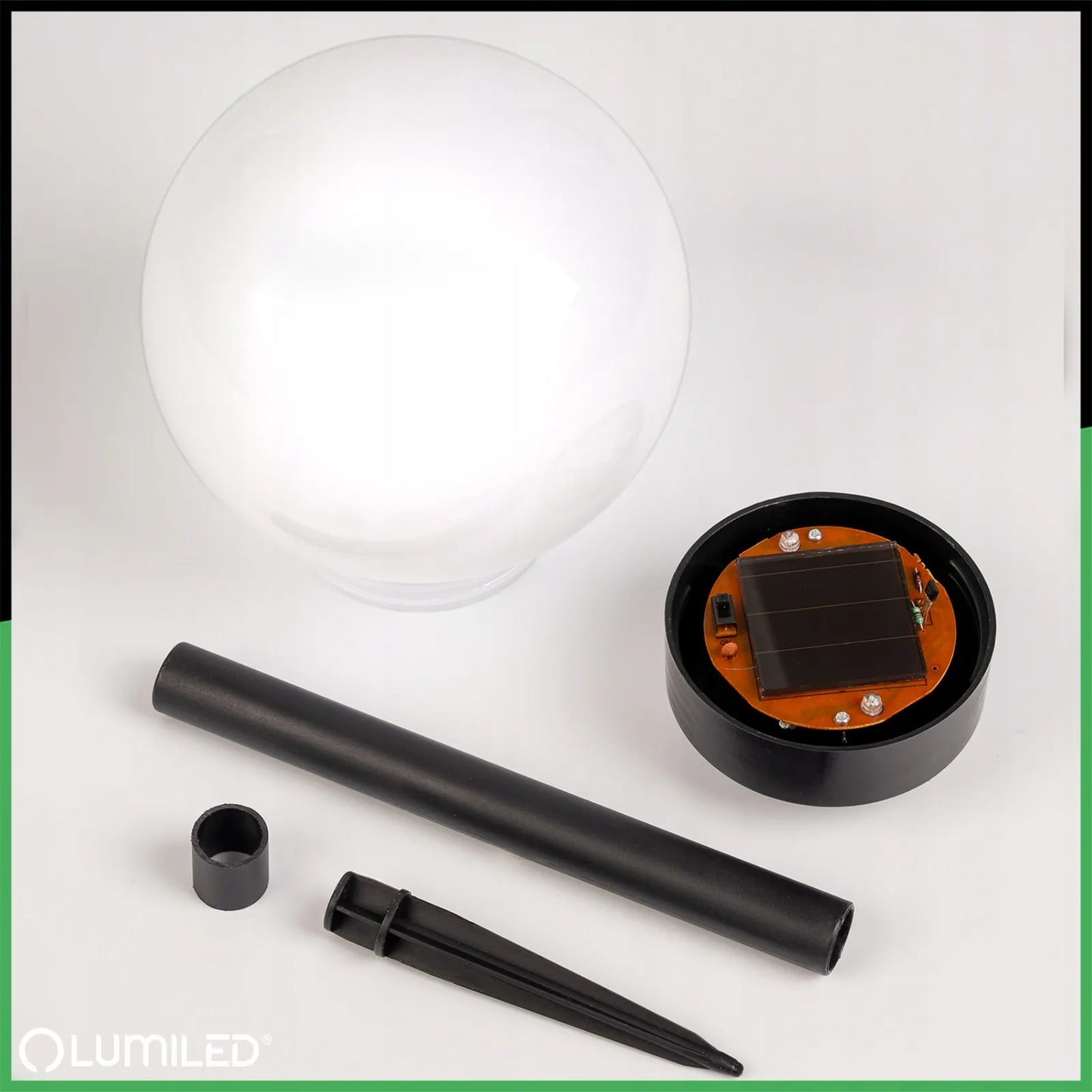 Saulės energija maitinamas LED sodo šviestuvas, įsmeigiamas į žemę, baltas rutulys 15 cm RGB