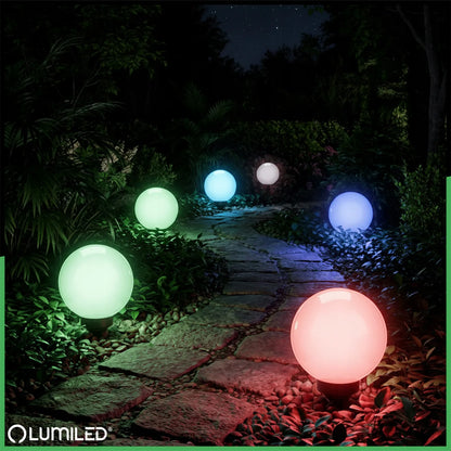 Saulės energija maitinamas LED sodo šviestuvas, įsmeigiamas į žemę, baltas rutulys 15 cm RGB