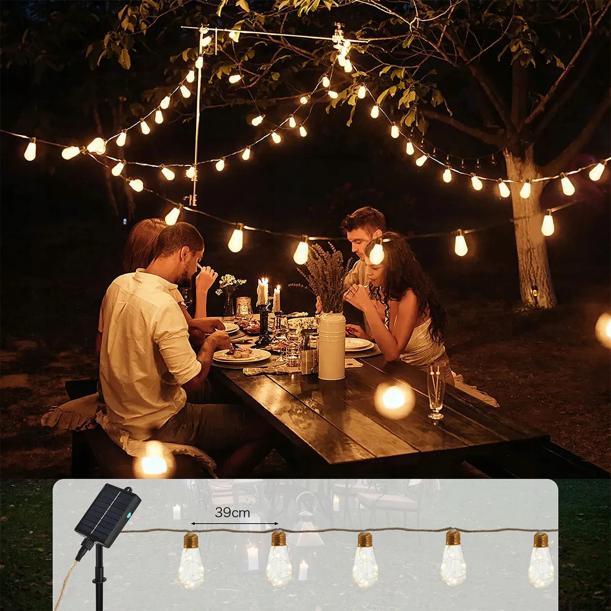 Saulės energija varoma LED girlianda 7,8 m 16 LED lempučių, dekoratyvinis sodo apšvietimas IP65