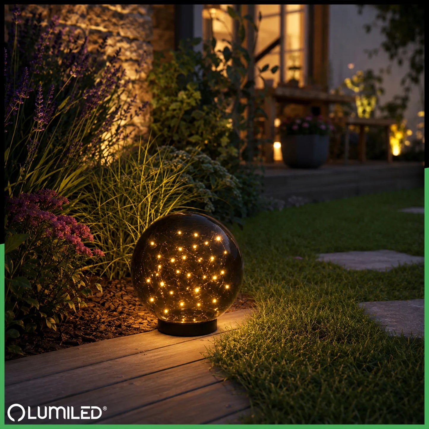 Saulės sodo LED stulpelis, įsmeigiamas dekoratyvinis dūminio stiklo rutulys 20 cm