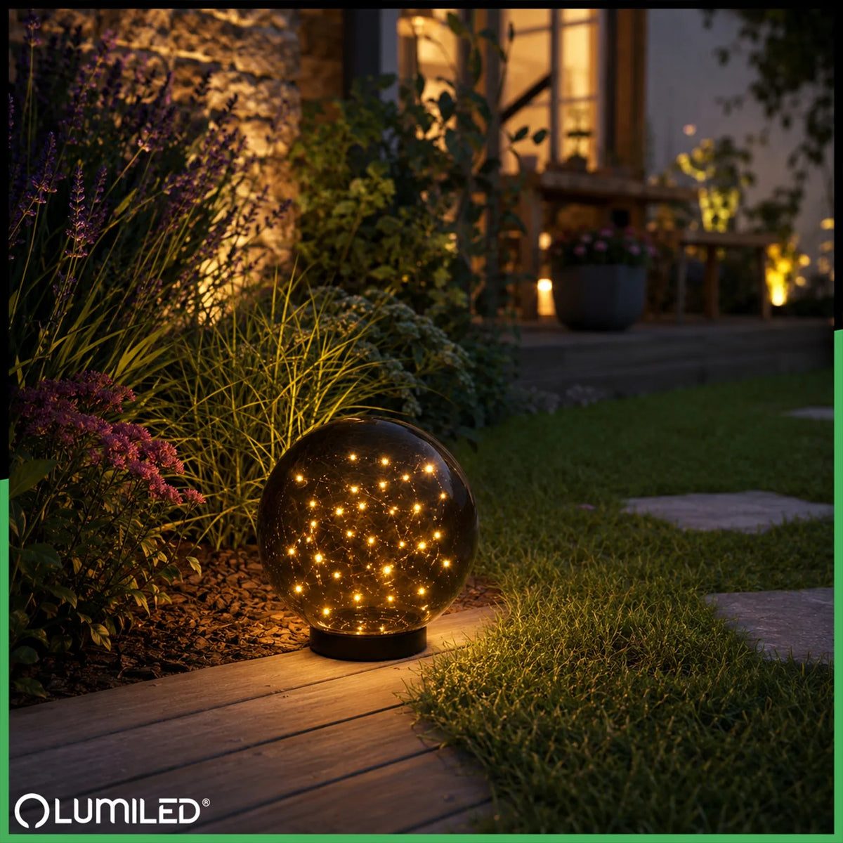 Saulės sodo LED stulpelis, įsmeigiamas dekoratyvinis dūminio stiklo rutulys 20 cm