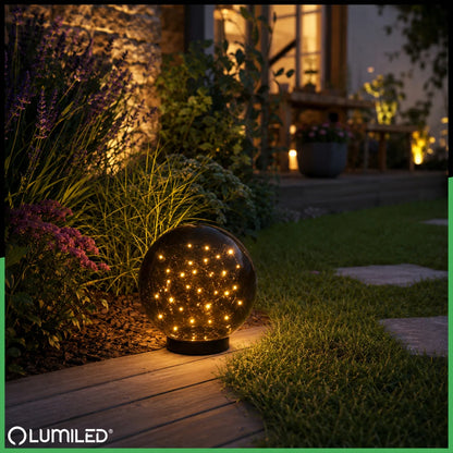 Saulės sodo LED stulpelis, įsmeigiamas dekoratyvinis dūminio stiklo rutulys 20 cm