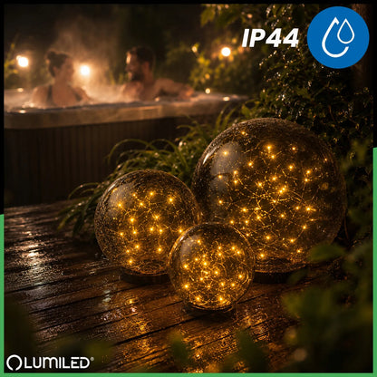 Saulės sodo LED stulpelis, įsmeigiamas dekoratyvinis dūminio stiklo rutulys 20 cm