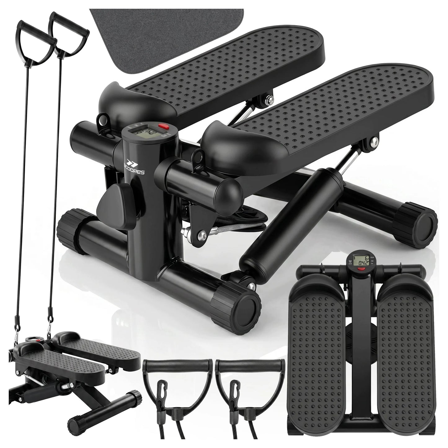 Scoopes BodyStep treniruoklis-steperis su pasipriešinimo virvėmis, LCD skaitikliu ir apsauginiu kilimėliu, 100 kg