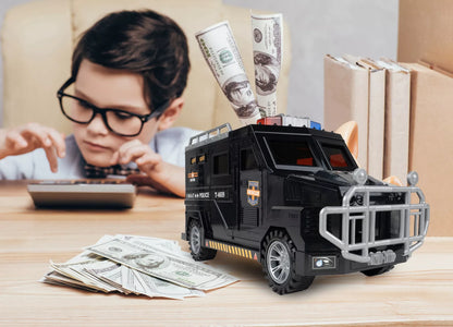 Seifas-taupyklė policijos automobilis monetoms ir banknotams su PIN kodu