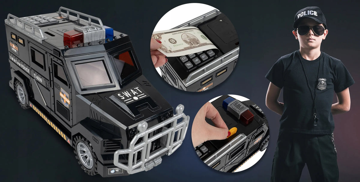 Seifas-taupyklė policijos automobilis monetoms ir banknotams su PIN kodu