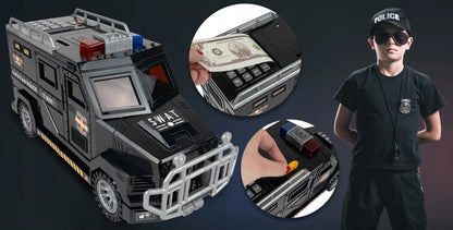 Seifas-taupyklė policijos automobilis monetoms ir banknotams su PIN kodu