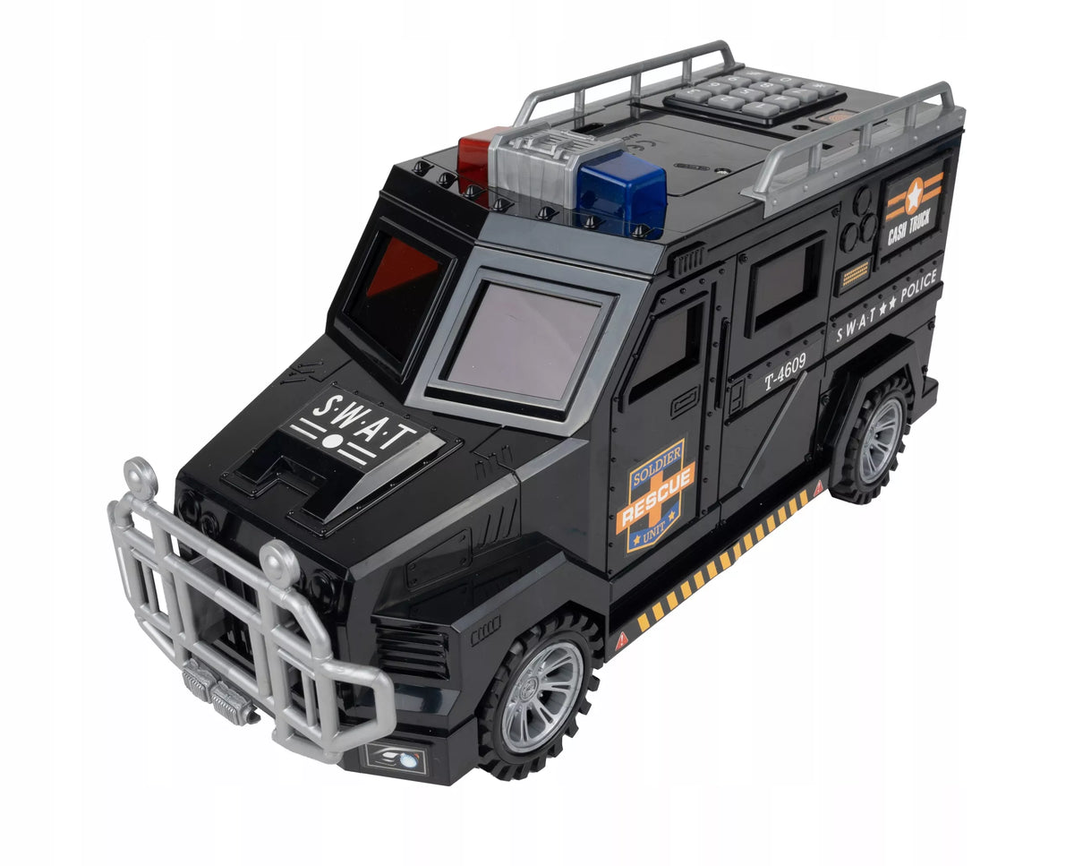 Seifas-taupyklė policijos automobilis monetoms ir banknotams su PIN kodu