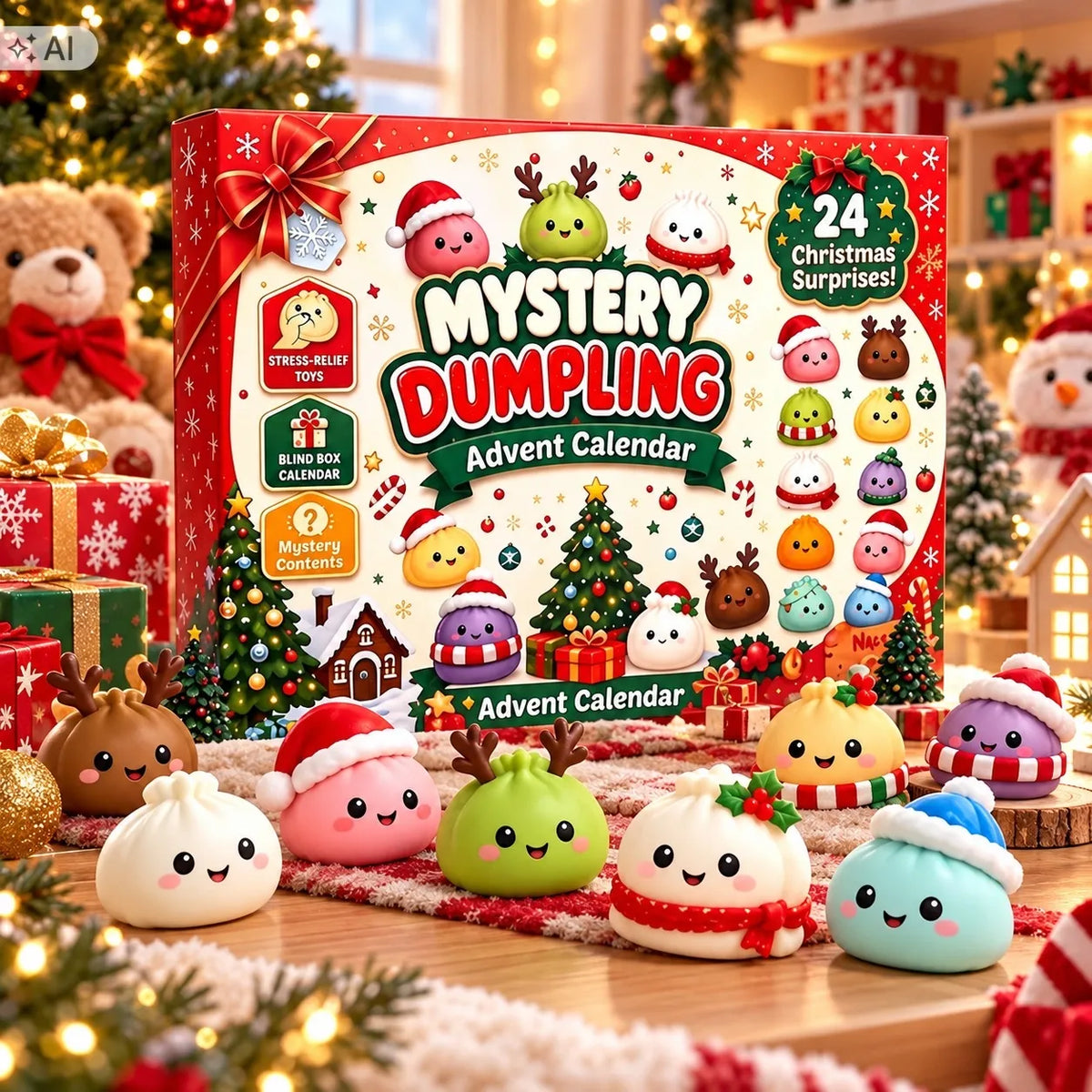 „Senti“ advento kalendorius su minkomais „Squishy“ 3D žaisliukais, 24 dienų rinkinys, kalėdinė dovana