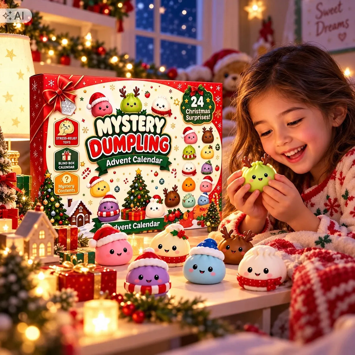 „Senti“ advento kalendorius su minkomais „Squishy“ 3D žaisliukais, 24 dienų rinkinys, kalėdinė dovana