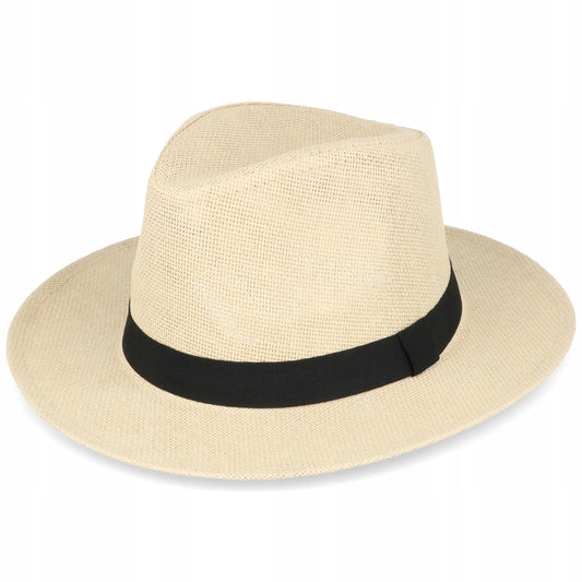 Šiaudinė „Fedora“ stiliaus skrybėlė nuo saulės, smėlio spalvos, su reguliavimu, Panama