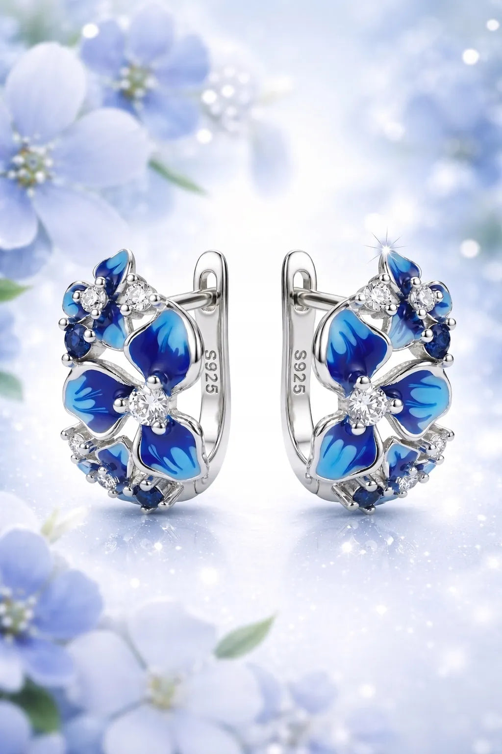 Sidabriniai angliško užsegimo rodžiuoti auskarai gėlytės su mėlynais cirkoniais 925 praba