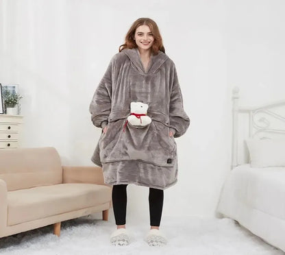 Šildoma džemperinė antklodė su gobtuvu, meškėno rašto, USB, 35–55 °C, su meškiuku