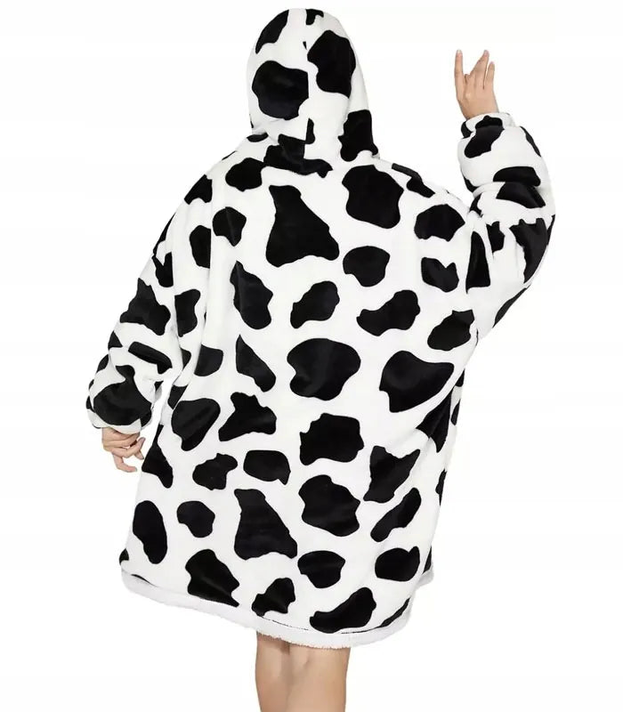 Šiltas pončo tipo džemperis su gobtuvu, karvės dėmių rašto, oversize, XXL