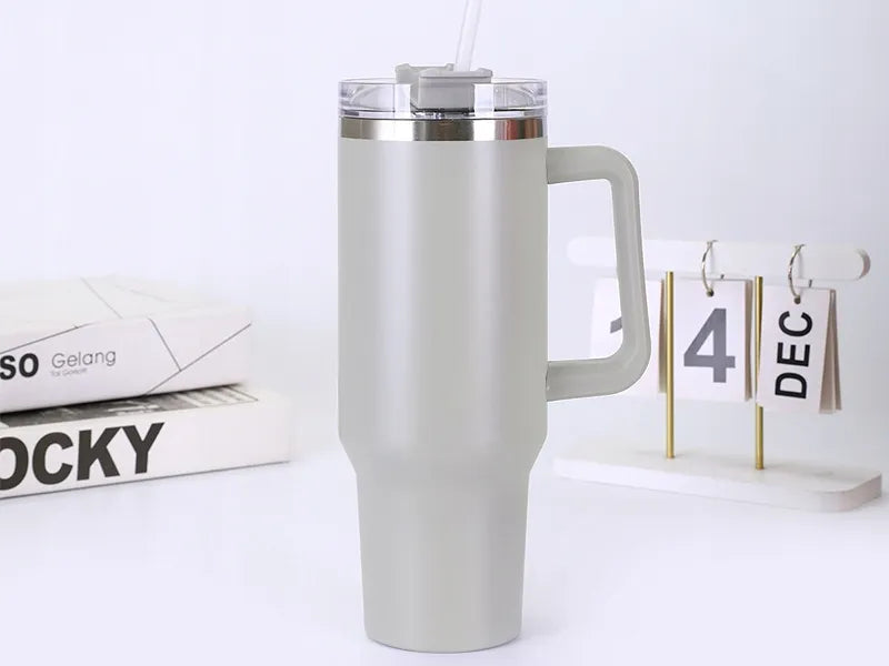 Šiluminis puodelis termosas su šiaudeliu, pilkas, nerūdijantis plienas, didelis XXL 1200 ml