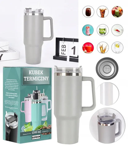 Šiluminis puodelis termosas su šiaudeliu, pilkas, nerūdijantis plienas, didelis XXL 1200 ml
