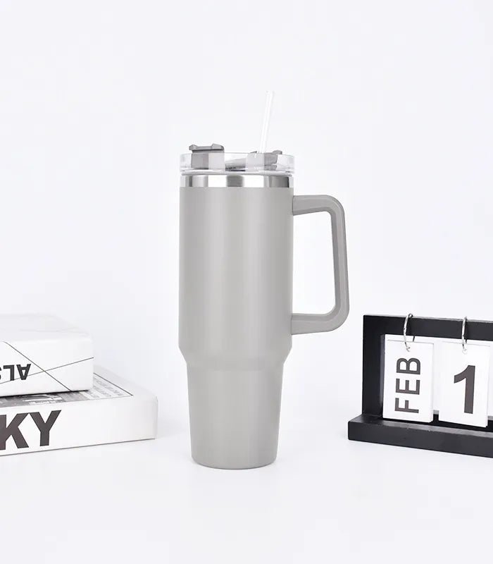 Šiluminis puodelis termosas su šiaudeliu, pilkas, nerūdijantis plienas, didelis XXL 1200 ml