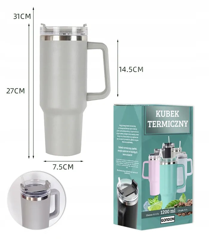 Šiluminis puodelis termosas su šiaudeliu, pilkas, nerūdijantis plienas, didelis XXL 1200 ml