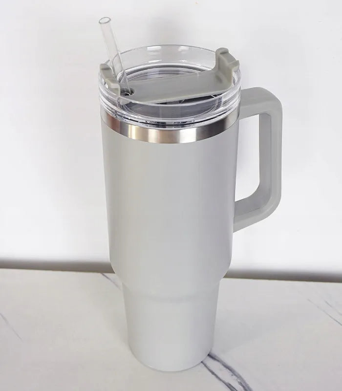 Šiluminis puodelis termosas su šiaudeliu, pilkas, nerūdijantis plienas, didelis XXL 1200 ml