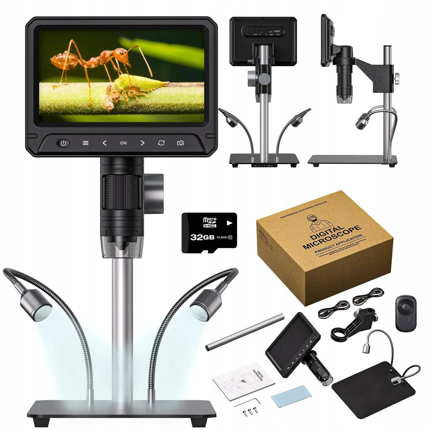 Skaitmeninis mikroskopas su 1200x priartinimu 12MP 28LED HD 7" ekranu 32GB MicroSD