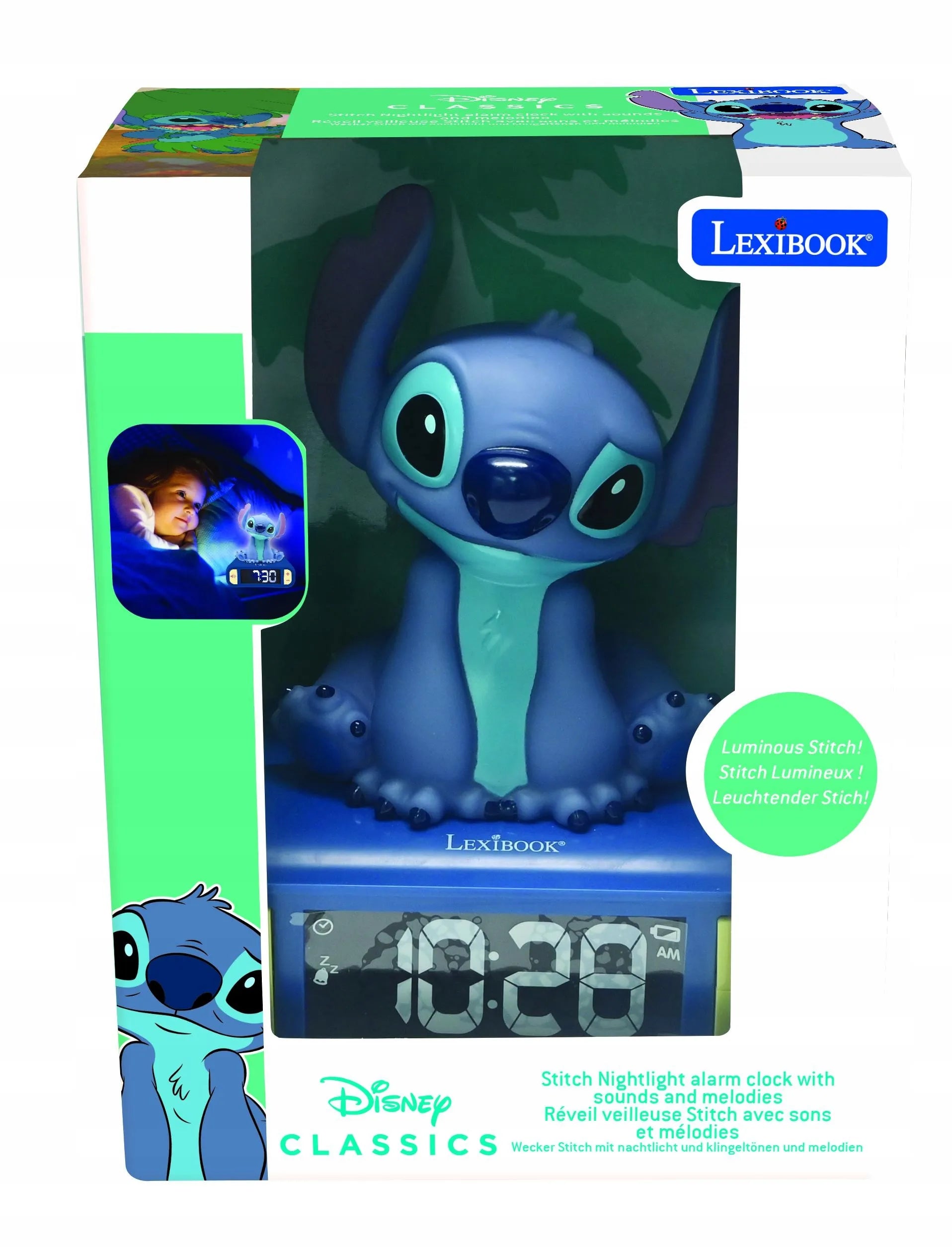 Skaitmeninis žadintuvas su 3D Disney Stitch naktine lempa ir garso efektais
