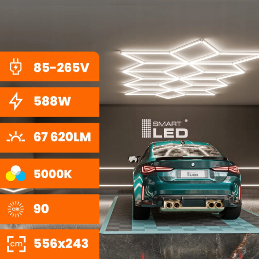 Smartled HEXAGON LED lubinė lempa, 588 W, apšvietimas garažui ir dirbtuvėms, 556 × 243 cm