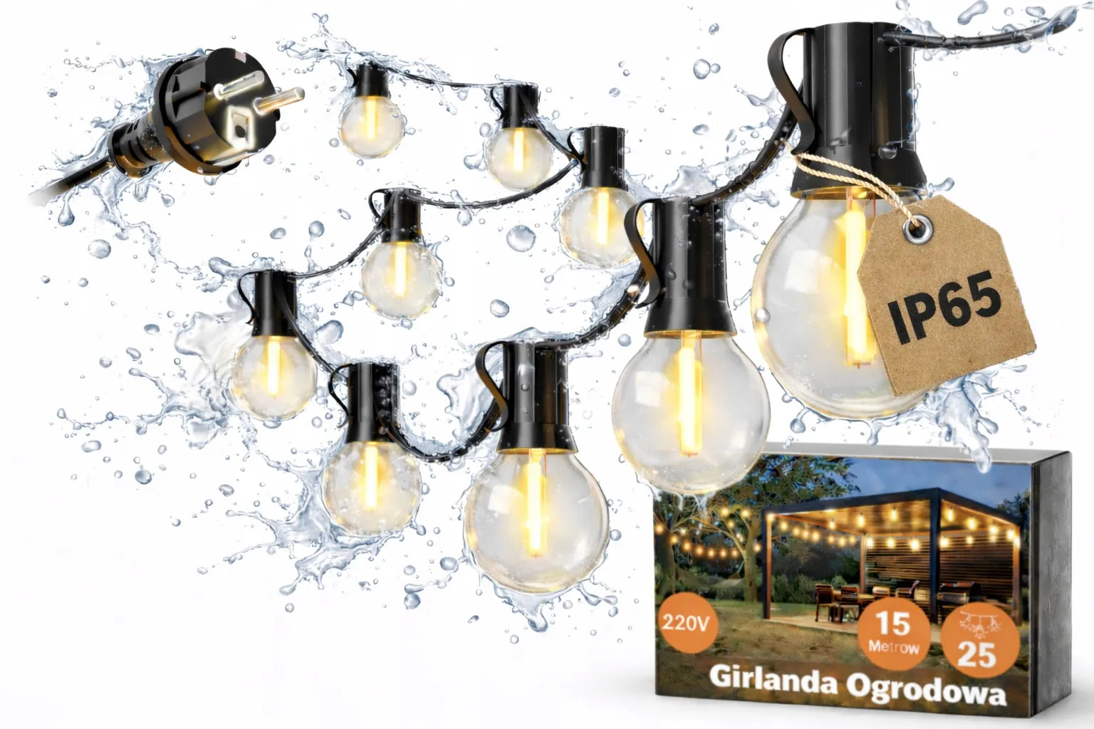 Sodo girlianda 20m, 20x LED lempučių šviesos grandinė, išorinė G40 230V