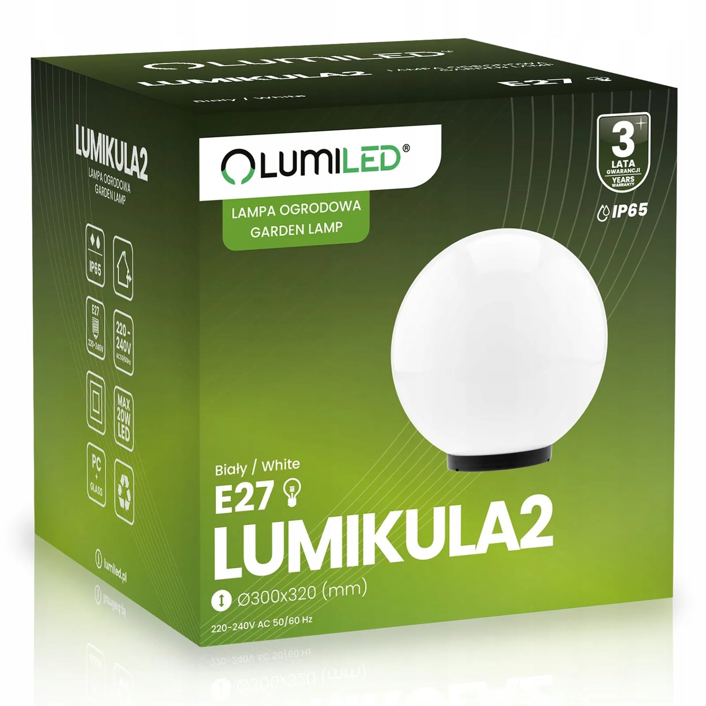 Sodo rutulio formos LED šviestuvas baltas E27 30 cm IP65 statomas laidinis 230V