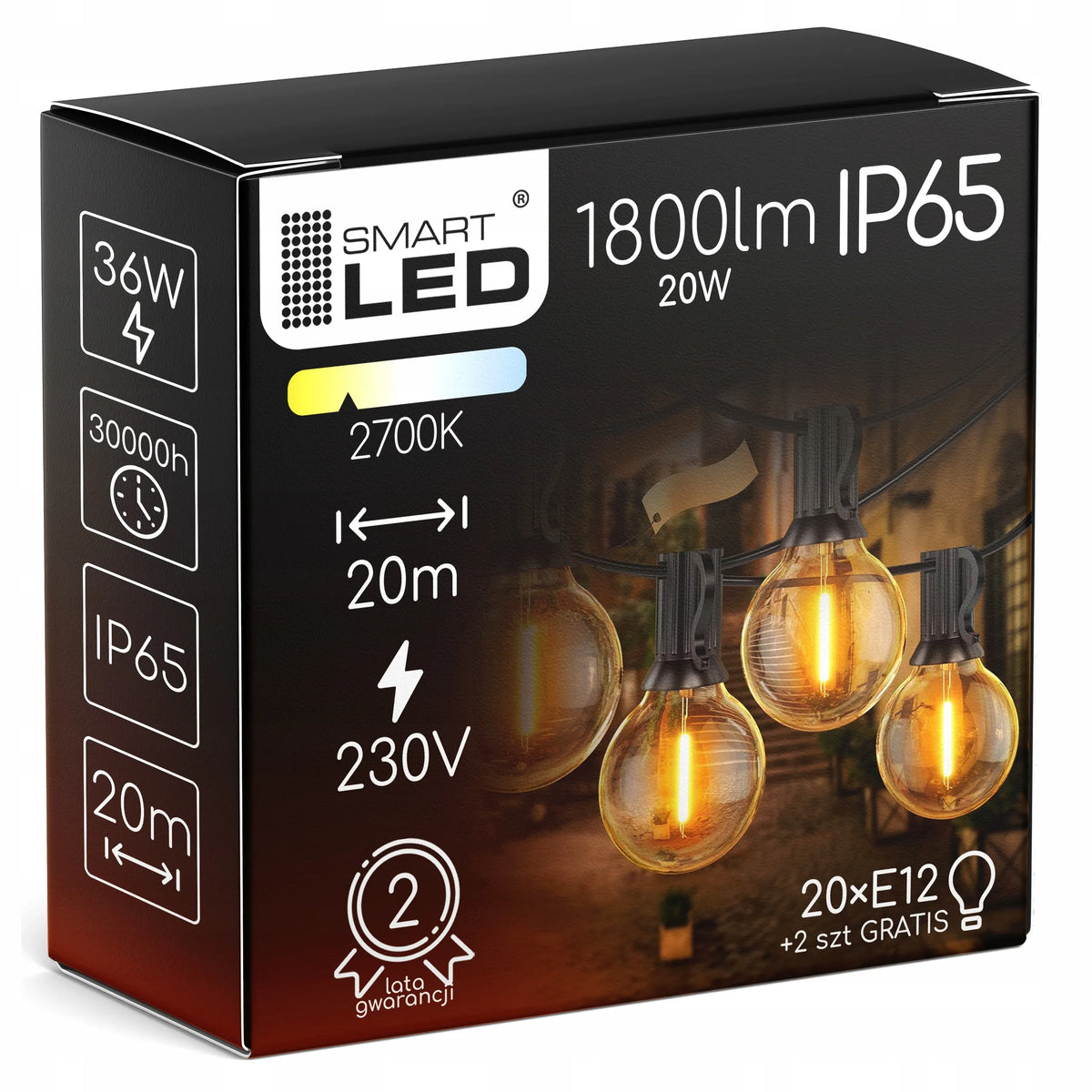 Sodo šviesų girlianda 20 m, 20 LED 1 W lempučių grandinė + nemokamai 2 x E12