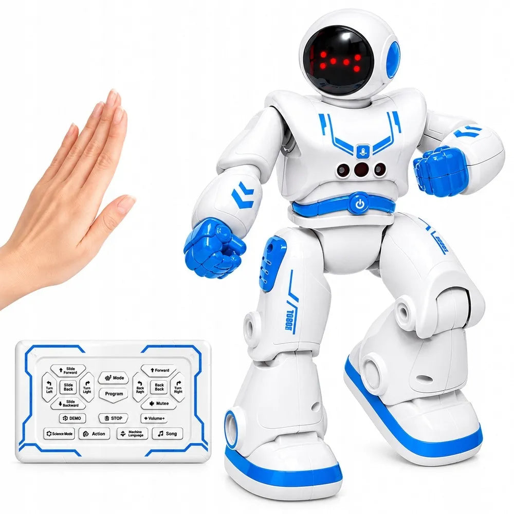 Šokantis nuotoliniu būdu valdomas robotas, valdymas gestais ir pulteliu, programavimas, LED