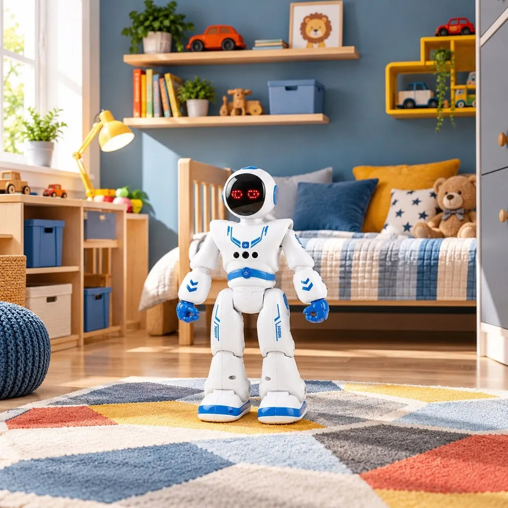 Šokantis nuotoliniu būdu valdomas robotas, valdymas gestais ir pulteliu, programavimas, LED