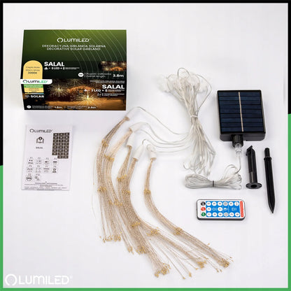 SOLARINĖ sodo girlianda 5x DĖLĖS fejerverkai terasai su jutikliu + NUOTOLINIO valdymo pultas