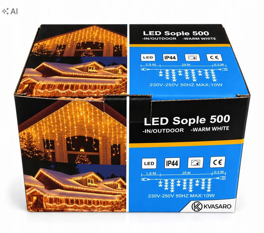 SOPLE 500 LED lauko šviesų užuolaida, IP44, šiltai balta ir šaltai balta mirksinti šviesa, 25 m