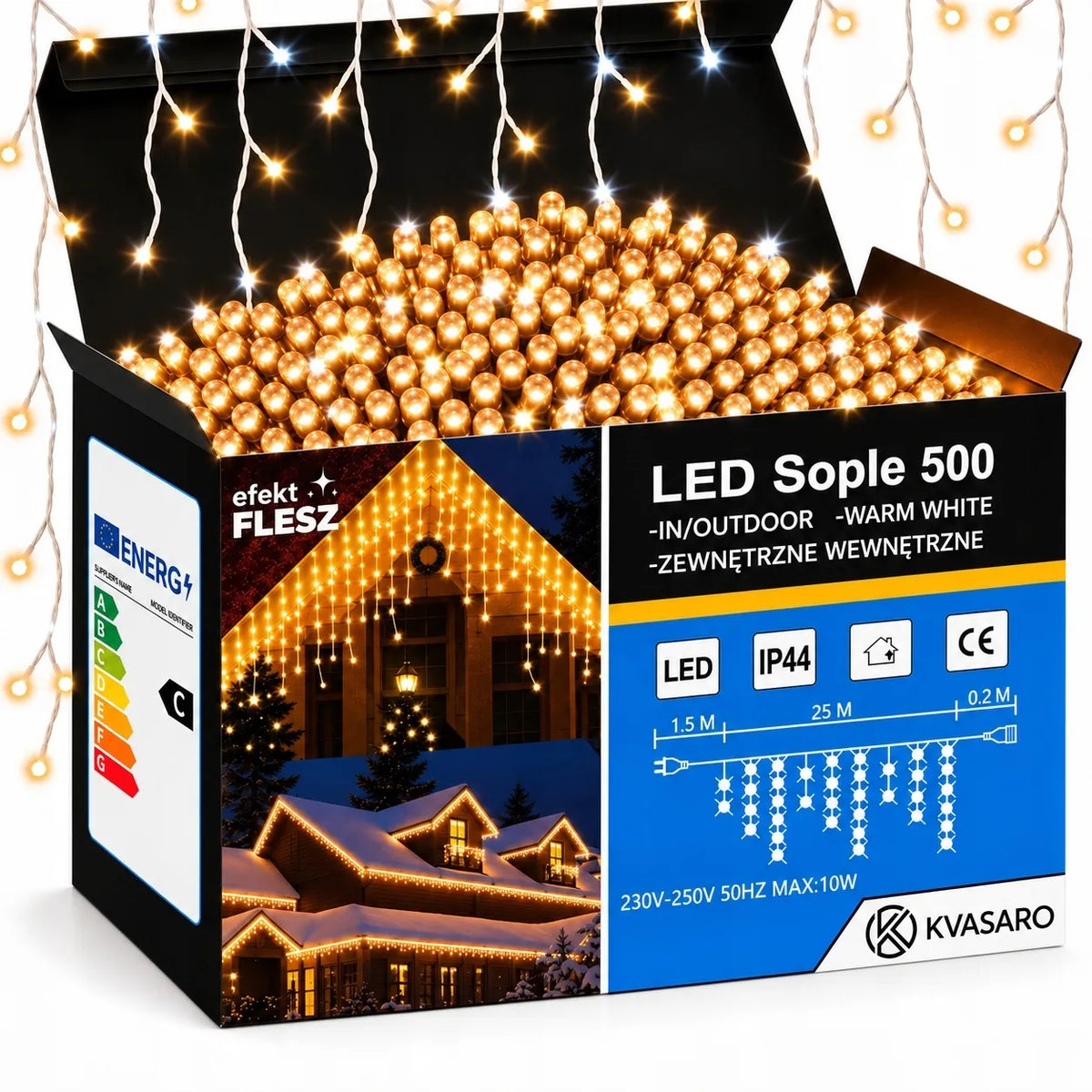 SOPLE 500 LED lauko šviesų užuolaida, IP44, šiltai balta ir šaltai balta mirksinti šviesa, 25 m