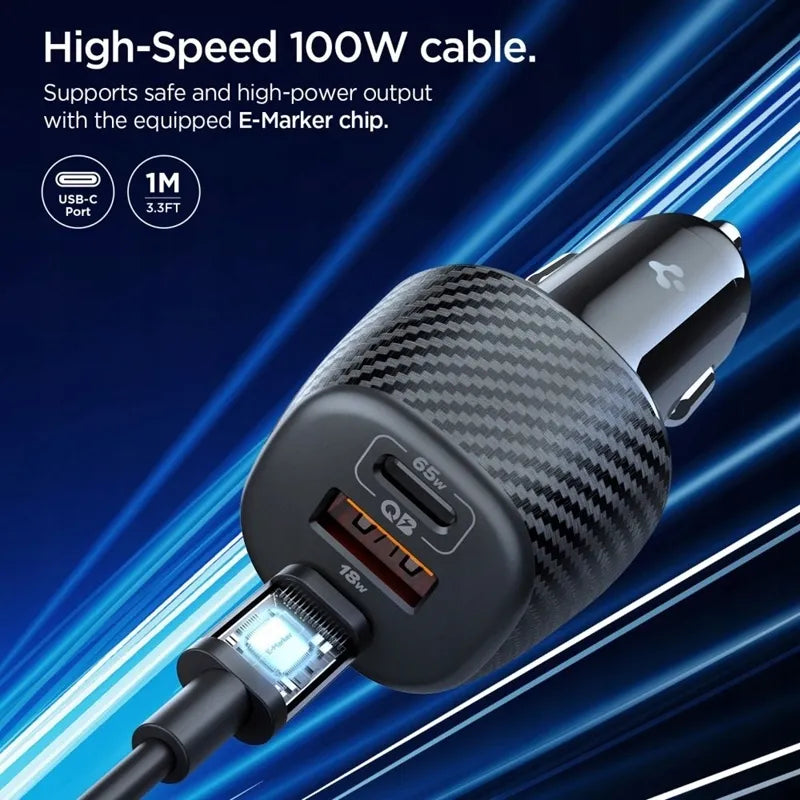 Spigen Essential EV1133 automobilinis įkroviklis 2x USB-C PD QC3.0 113W 1m