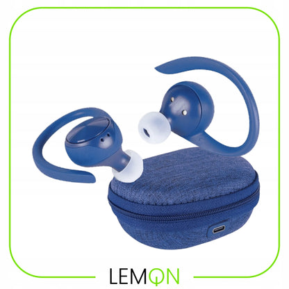 Sportinės belaidės „Bluetooth“ į ausis įstatomos ausinės „LEMON J92“ su įkrovimo dėklu ir išorinio akumuliatoriaus funkcija, mėlynos