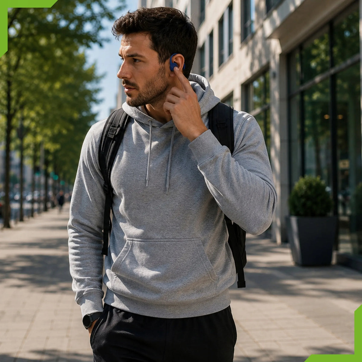 Sportinės belaidės „Bluetooth“ į ausis įstatomos ausinės „LEMON J92“ su įkrovimo dėklu ir išorinio akumuliatoriaus funkcija, mėlynos