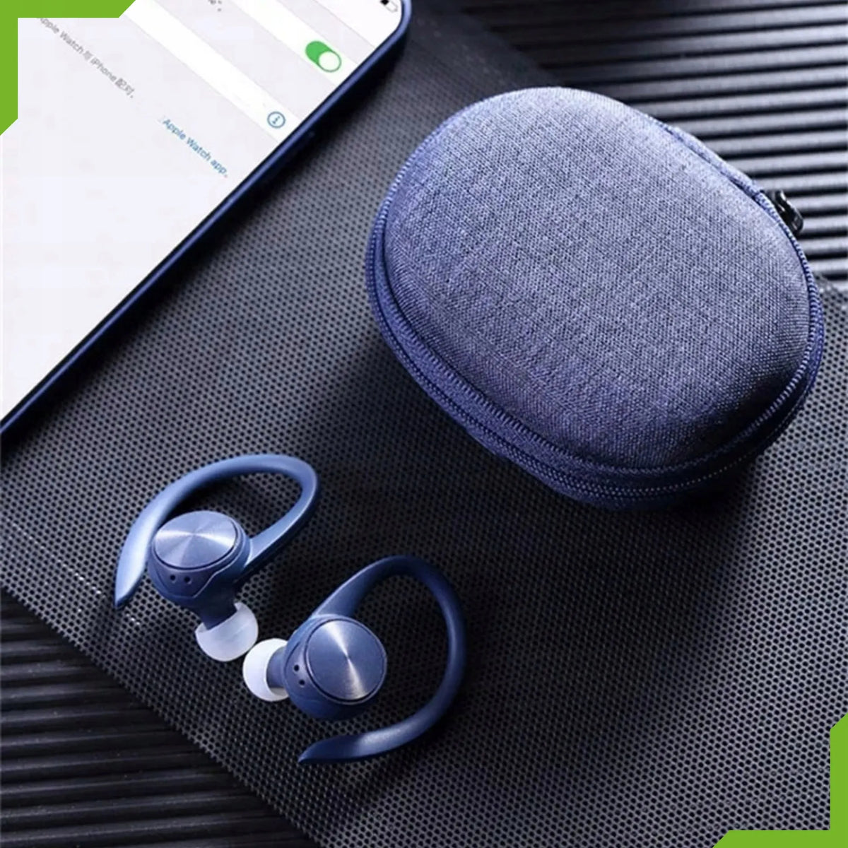 Sportinės belaidės „Bluetooth“ į ausis įstatomos ausinės „LEMON J92“ su įkrovimo dėklu ir išorinio akumuliatoriaus funkcija, mėlynos