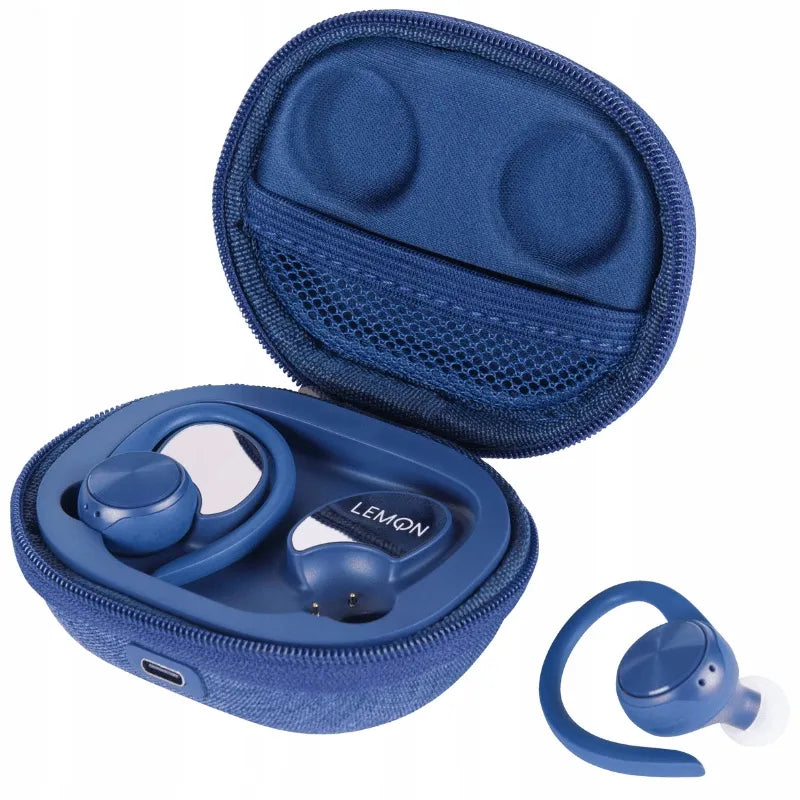 Sportinės belaidės „Bluetooth“ į ausis įstatomos ausinės „LEMON J92“ su įkrovimo dėklu ir išorinio akumuliatoriaus funkcija, mėlynos